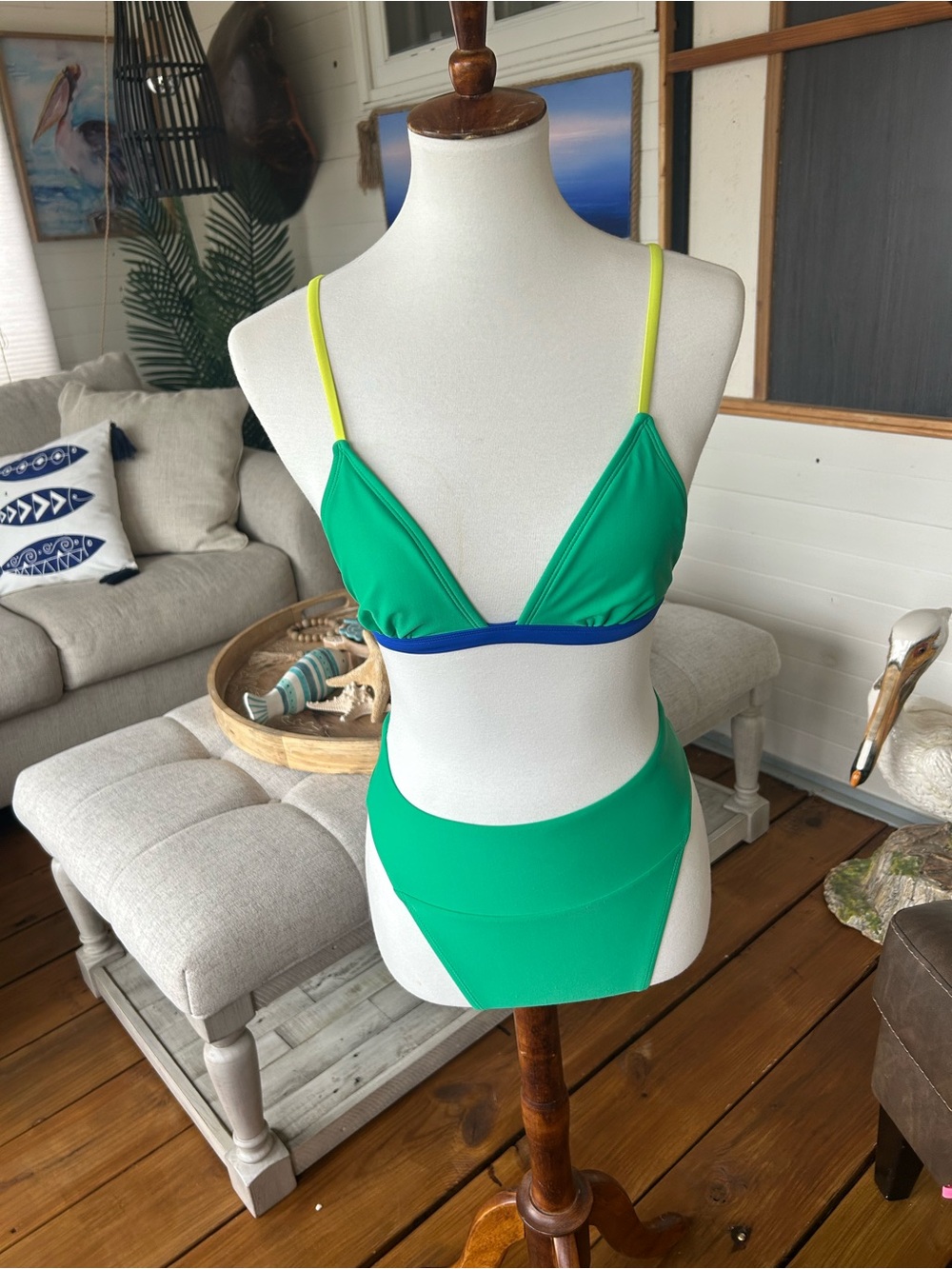 wild fable Green Triangle Bikini with Neon Yellow Straps and Blue Band